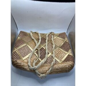 Worthington Woven Straw Shoulder‎ Bag Gold Metallic Diamond Boho Tote Purse